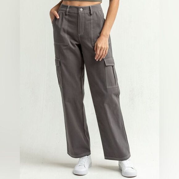 Full Tilt Pants - FULL TILT Small Contrast Stitch Gray Cargo Pants Straight Leg Pockets
